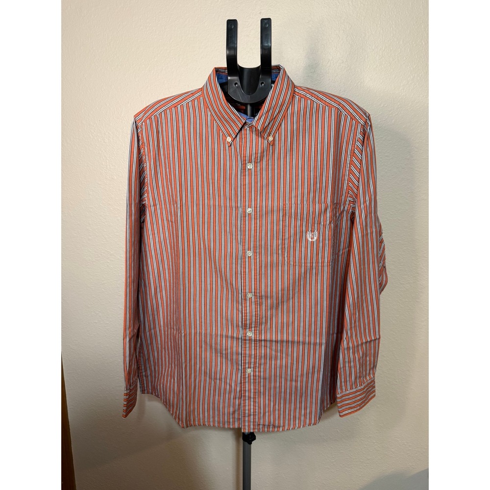 Chaps Mens Large Orange Navy Blue Striped Long Sleeve Button Down Easy Care
